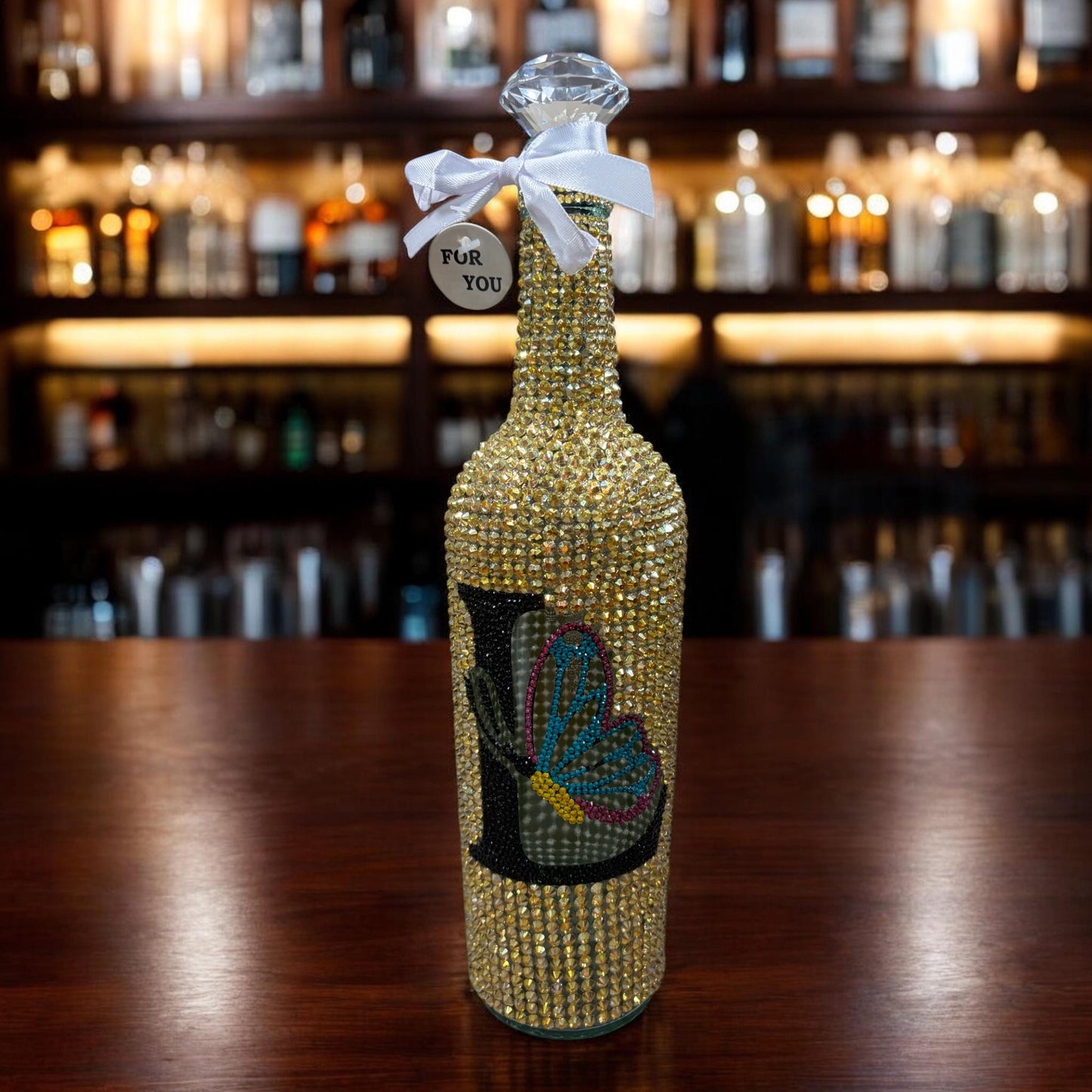 Blinged Gold Initial Wine Bottle