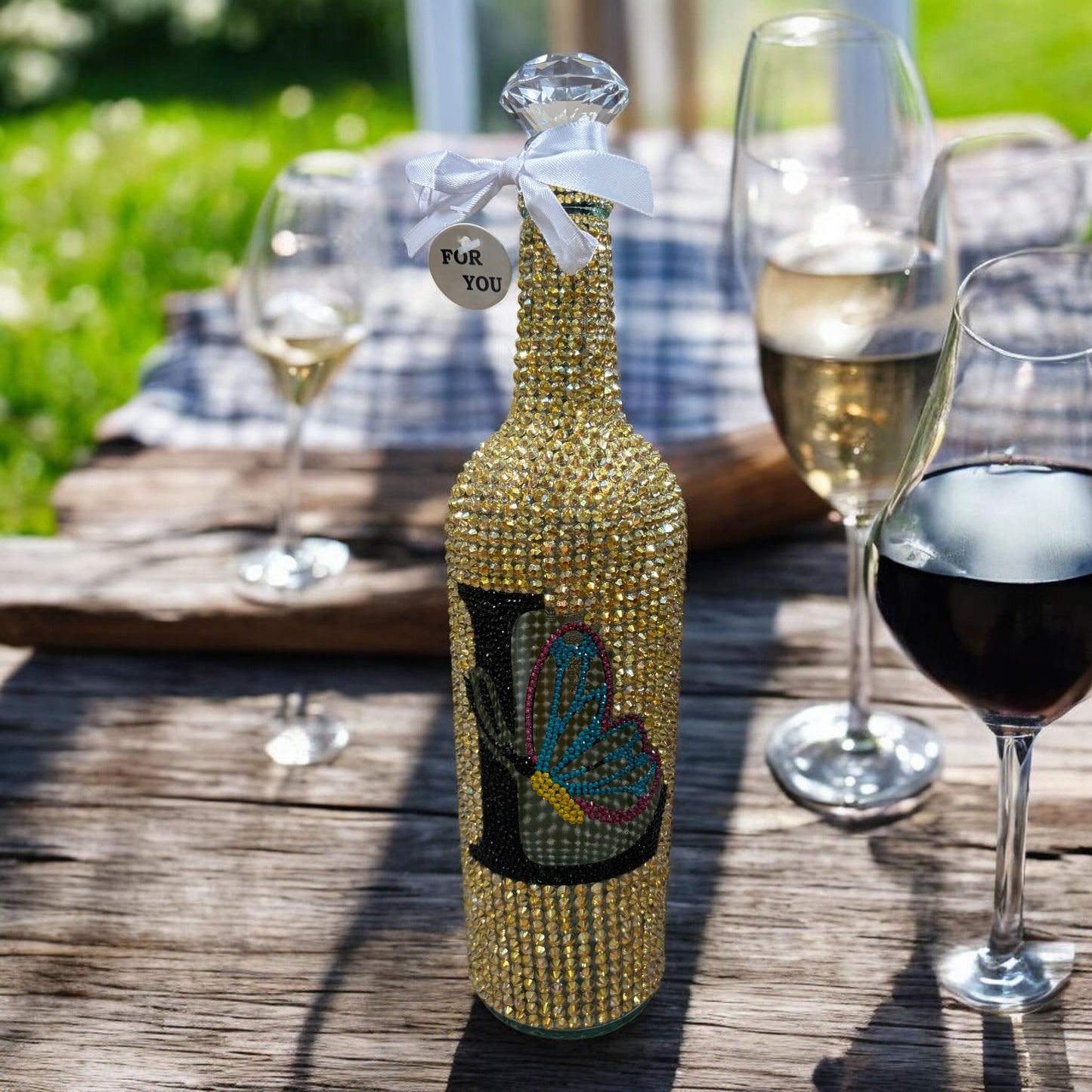 Blinged Gold Initial Wine Bottle